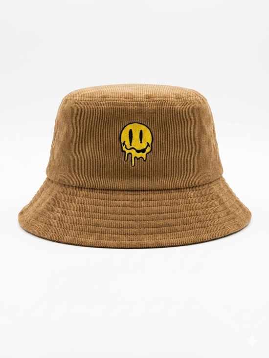 N/A Other - Brown Corduroy Bucket Hat with Yellow Smiley Patch